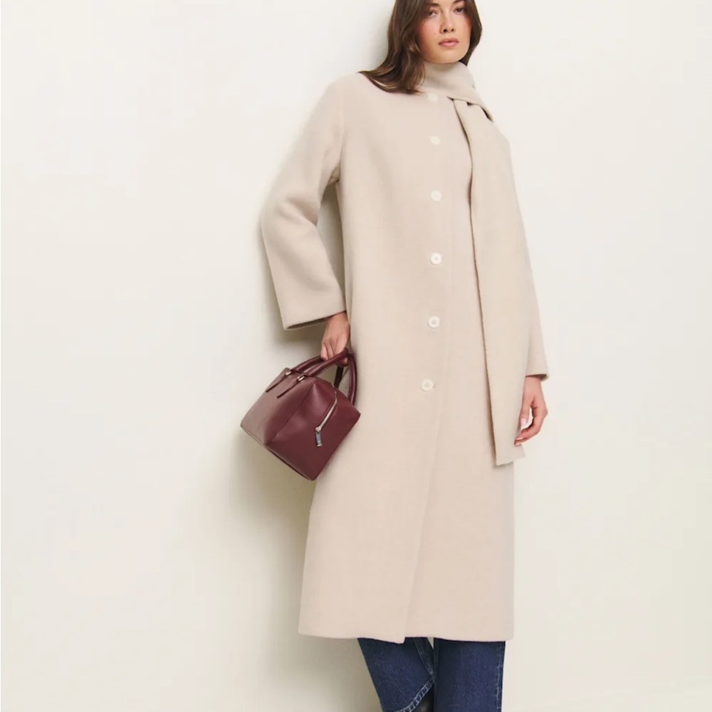 Reformation Cream Coat with Burgundy Mini Bag